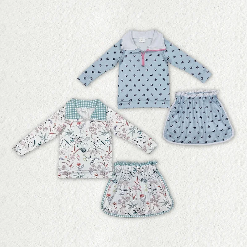 Sibling Baby Girls Spring Flowers Zip Top Ruffle Skort Short Clothes Sets casual skirt length