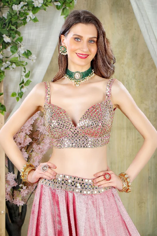 Mirror Embroidered Pink Blouse with matching Skirt leather skirt refined