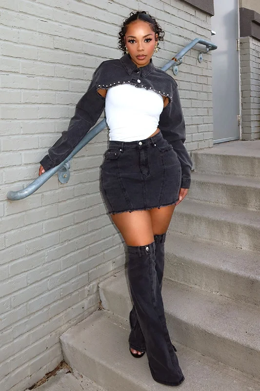 Stud Denim Jacket & Skirt Leg Warmers SET chiffon skirt floaty