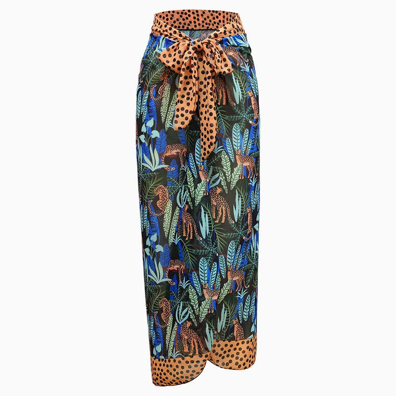 Tropical Leaf Polka Dot Print High Waist Bow Tie Wrap Sarong Cover Up wool skirt sturdy