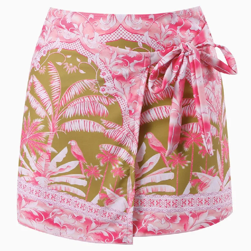Tropical Palm Leaf Print High Waist Bow Tie Wrap Mini Sarong Cover Up wool skirt thick