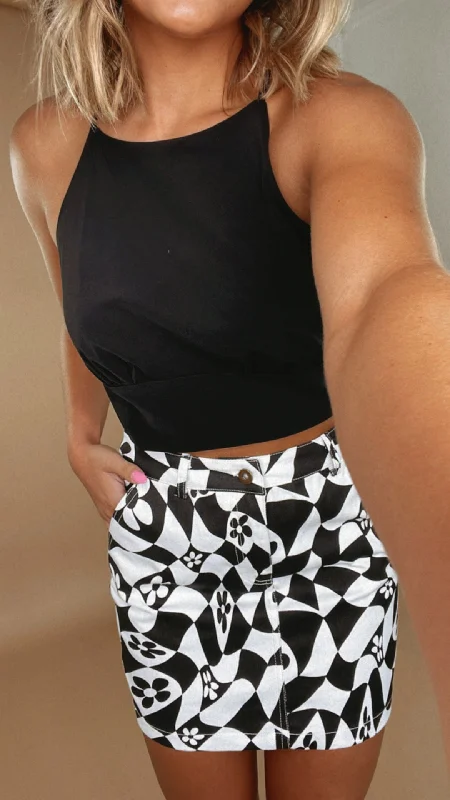 Floral Groove Mini Skirt, Black wool skirt sturdy
