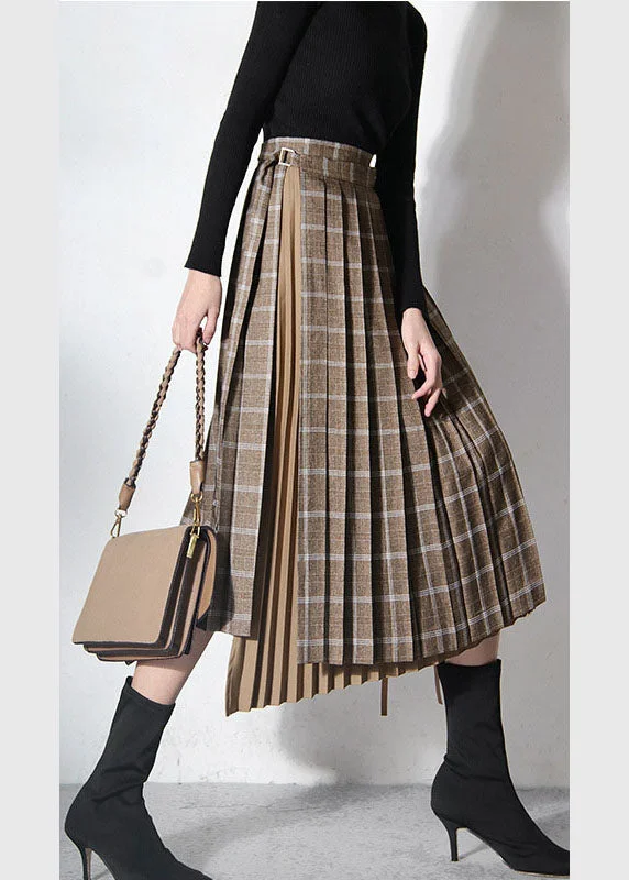 Vintage Brown Asymmetrical Patchwork tie waist skirts Spring linen skirt natural
