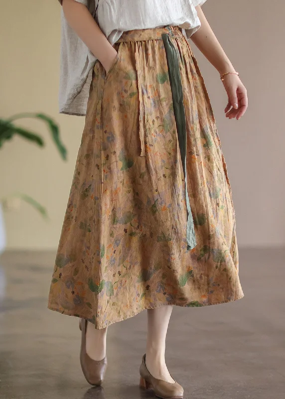 Vintage Khaki Elastic Waist Print Linen Skirt Spring pencil skirt chic