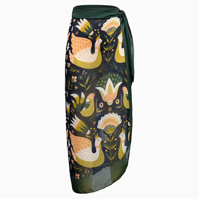 Vintage Mandarin Duck Print High Waist Bow Tie Wrap Sarong Cover Up tiered skirt playful