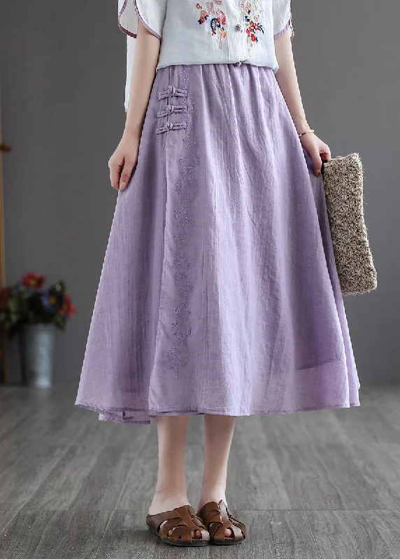 Vintage Purple Elastic Waist Embroideried Linen Skirt Spring denim skirt trendy