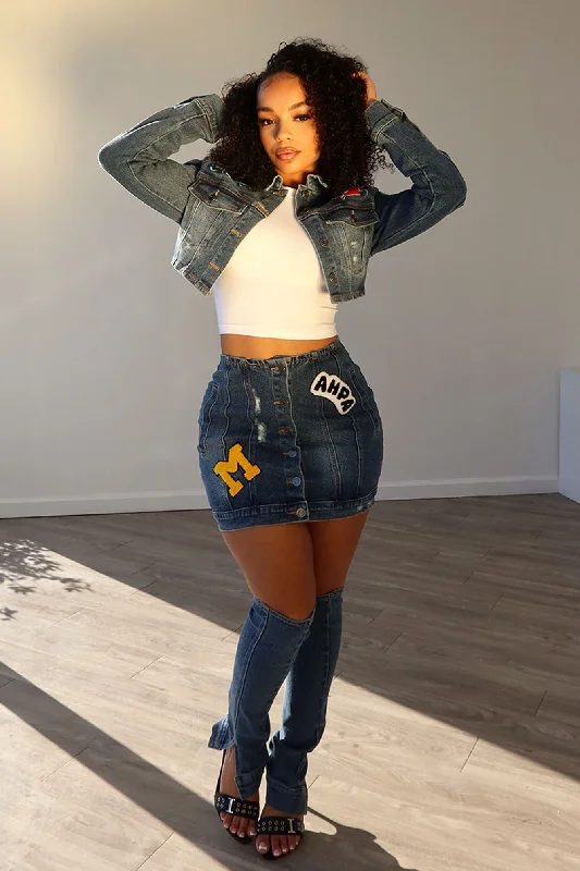 Whatever Patch Denim Jacket & Skirt Leg Warmers SET denim skirt classic