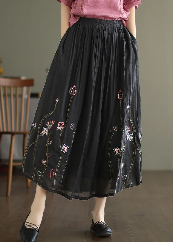 Women Black Elastic Waist Embroideried Linen Silk Skirt Spring lightweight skirt design