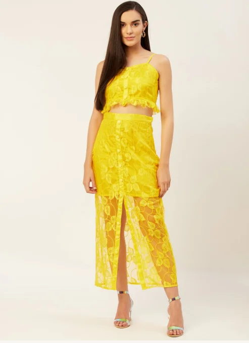 Women's Yellow Net Skirt With Top - Khumaar-Shuchi Bhutani patchwork skirt art