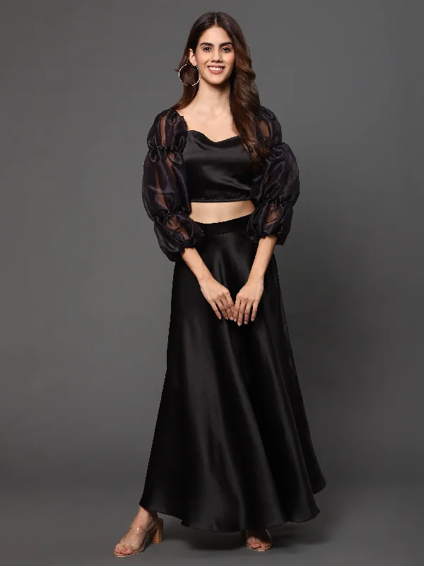 Women's Black Satin Skirt Top - Khumaar- Shuchi Bhutani wrap skirt elegant