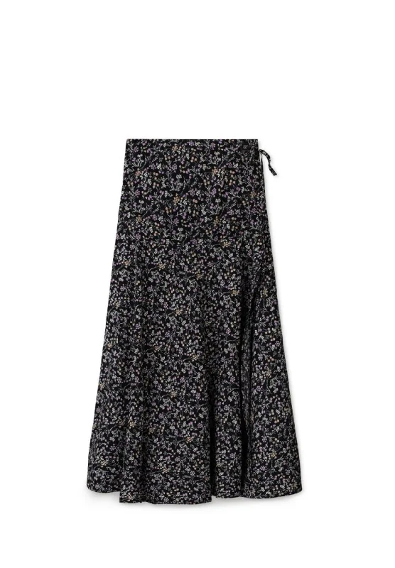 Wrap Tie Skirt - Black Floral corduroy skirt durable