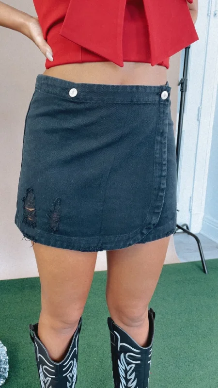 Wren Distressed Wrap Mini Skirt, Black silk skirt luxurious