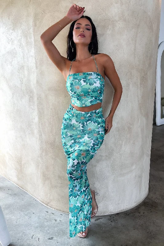 Zari Skirt - Green Floral flowy skirt hem